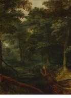Jan St. Brueghel, Abraham Govaerts, Sebastian Vrancx – Pejzaż z rozbójnikami dzielącymi łup
